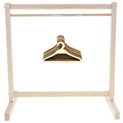Wood Garment Rack Coat Dress Clothes Organizer with 10 Pieces Wooden Clothes Hangers for Jacket, Umbrella, Clothes, Hats, Scarf, and Handbags Dolls