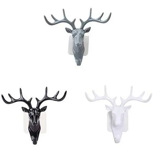3Pcs Antler Head Coat Hooks Wall Mounted Clothes Hanger Animal Shaped Wall Hook Hanger for Hanging Hat Scarf Bag Key Black White Grey