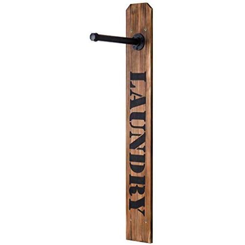 MyGift Burnt Wood Wall Mounted Laundry Sign with Metal Pipe Clothes Hanging Bar