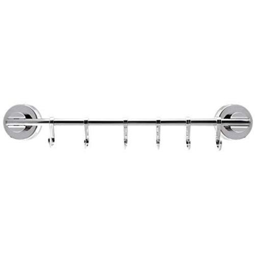 Saim Suction Cup Kitchen Rail with 6 Hooks Hanging Utensil Holder Rack Stainless Steel Towel Bar Organizer Wall Mounted Hanger on Glass Tile Door for Towel Coats Pot Pan Spoon