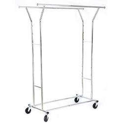 Top_Quality555 Chrome Double Rail Rolling Clothes Rack Clothing Storage Hanger Shelf Garment Stand Heavy Duty