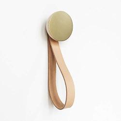 Round Beech Wood & Brass Wall Hook with Leather Loop - Modern design wall mounted coat hanger