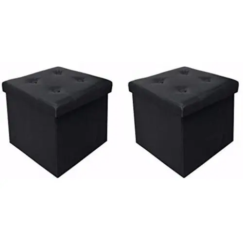 Otto & Ben 15" Storage Ottoman - [2pc Set] Folding Toy Boxes Chest with Memory Foam Seat, Tufted Faux Leather Ottomans Bench Foot Rest Stool, Black