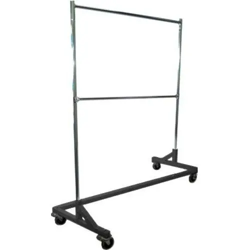 GR600-EH Deluxe Commercial Grade Rolling Z Garment Rack, 400lb Capacity, 63" Length with Add-On Extra Double Rail, Adjustable Height Chrome Uprights and Black Base, One Rack