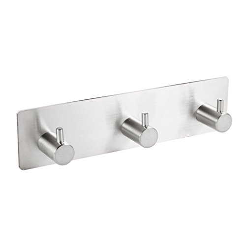 VaLaVie No Drilling Stainless Steel Towel Hook with 3M Self Adhesive Gum - Durable Hanger for Bath Robe/Coat, Kitchen Towel/Loofah (3-Hook)