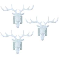 NUOBESTY Antler Iron Wall Hook 3Pcs, 3D Metal Clothes Hanger Christmas Room Decor Stereoscopic Deer Head Door Coat Rack Hat Cap Holder Organizer for Home Bathroom - White