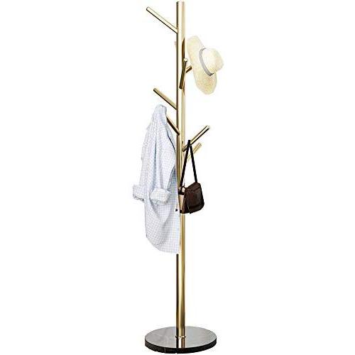 Metal Coat Rack Stand Golden Satin Steel Finish Stable Marble Base, High-Grade with Hooks Metal Tree Hat & Coat Hanger Floor Free Standing Wall Bedroom Easy Assembly (Golden)