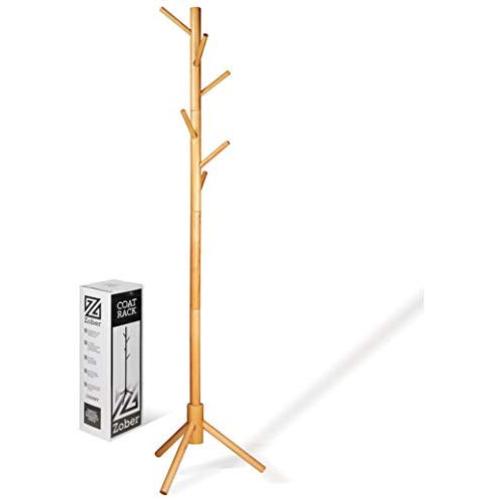 High-Grade Wooden Tree Coat Rack Stand, 6 Hooks - Super Easy Assembly NO Tools Required - 3 Adjustable Sizes Free Standing Coat Rack, Hallway/Entryway Coat Hanger Stand for Clothes, Suits, Accessories