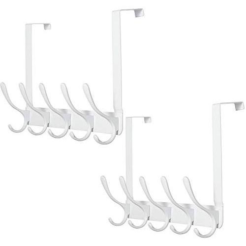 SKOLOO Over The Door Hook Rack, 5 Door Hanger Hooks for Clothes Towels Coat, Over The Door Coat Rack (2 Pack, White)