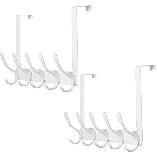 SKOLOO Over The Door Hook Rack, 5 Door Hanger Hooks for Clothes Towels Coat, Over The Door Coat Rack (2 Pack, White)