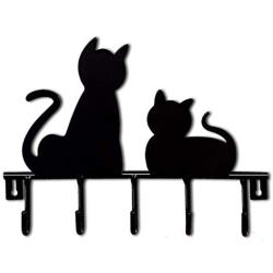 Cxjff Black Metal Wall-Mounted Coat Hooks Key Holder, Clothes Coat Hat Decorative Wall Hooks Robe Hanger, Cat Design 5-Hooks Rack (Size : 32 ×24 cm)