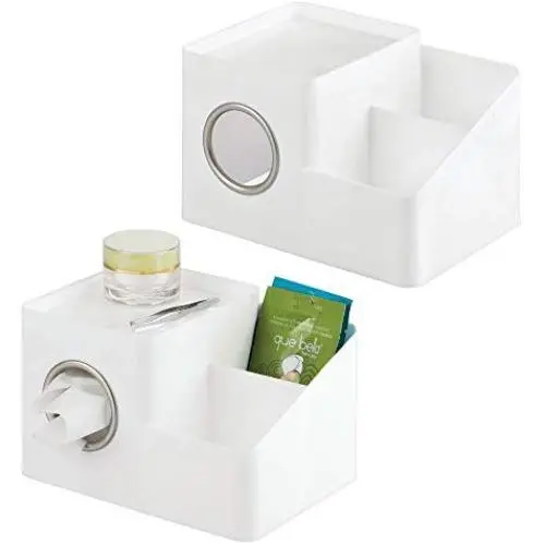 mDesign Square Facial Tissue Boxes Cover Holder, Storage Organizer Caddy for Bathroom Vanity Countertop, Bedroom Dresser, Night Stand, Desk, Table - Holds Makeup, Toiletries, Pens - 2 Pack - White/Satin mDesign Square Facial Tissue Boxes Cover Holder, Storage Organizer Caddy for Bathroom Vanity Countertop, Bedroom Dresser, Night Stand, Desk, Table - Holds Makeup, Toiletries, Pens - 2 Pack - White/Satin