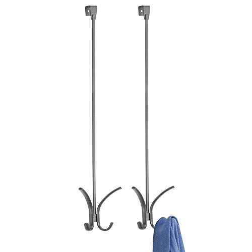 mDesign Modern Metal Long Easy Reach Over-The-Door 4 Prong Storage Organizer Hook; Hang Jackets, Coats, Clothing, Hats, Scarves, Leashes, Purses, Robes, Towels, 24" Tall, 2 Pack - Graphite Gray