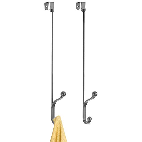 mDesign Metal Modern Long Easy Reach Over The Door Storage Organizer Rack - Hang Coats, Hoodies, Hats, Scarves, Purses, Leashes, Towels, Robes, Clothing - 17" Tall, 2 Hooks - 2 Pack - Graphite Gray
