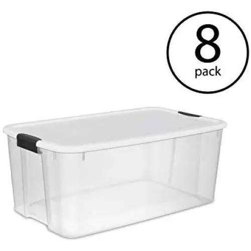 STERILITE 19909804 116 Quart/110 Liter Ultra Latch Box, Clear with a White Lid and Black Latches (116 Quart, 8-Containers) STERILITE 19909804 116 Quart/110 Liter Ultra Latch Box, Clear with a White Lid and Black Latches (116 Quart, 8-Containers)