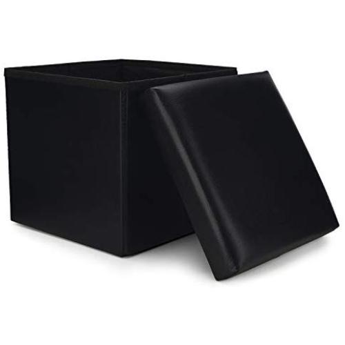 WoneNice Small Faux Leather Folding Storage Ottoman, Versatile Space-Saving Storage Toy Boxes with Memory Foam Seat, Max Load 100 kg, 12 x 12 x 12 Inch (Black)