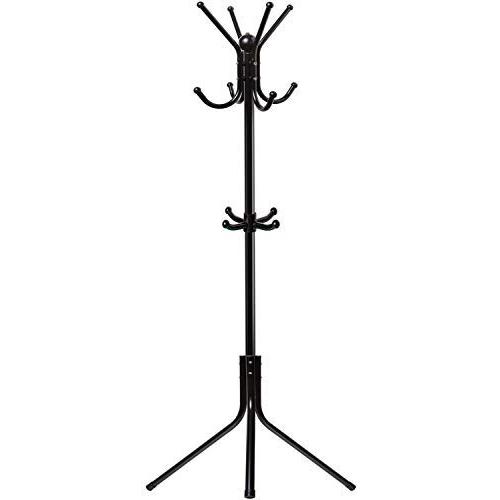 Free-Standing Coat Rack Metal Stand - Hall Tree Entry-Way Furniture Best for Hanging Up Jacket, Purse, Hand-Bag, Cloth, Hat, Winter Scarf Holder - Home or Office Floor Hanger 12-Hooks Organizer, Black