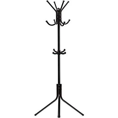 Free-Standing Coat Rack Metal Stand - Hall Tree Entry-Way Furniture Best for Hanging Up Jacket, Purse, Hand-Bag, Cloth, Hat, Winter Scarf Holder - Home or Office Floor Hanger 12-Hooks Organizer, Black