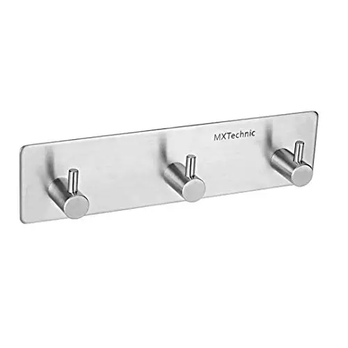 MXtechnic Self Adhesive Key Hooks Rail, 3M Stainless Steel Heavy Duty Coat Hanging Shelf Robe Towel Hanger Rack 3-Hook for Bathroom Kitchen Wall Mounted (3 Hooks)