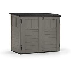 Suncast 4 x 2 Horizontal Storage Shed - Natural Wood-Like Outdoor Storage for Trash Cans and Yard Tools - All-Weather Resin Material, Hinged Lid Design and Reinforced Floor - Stoney