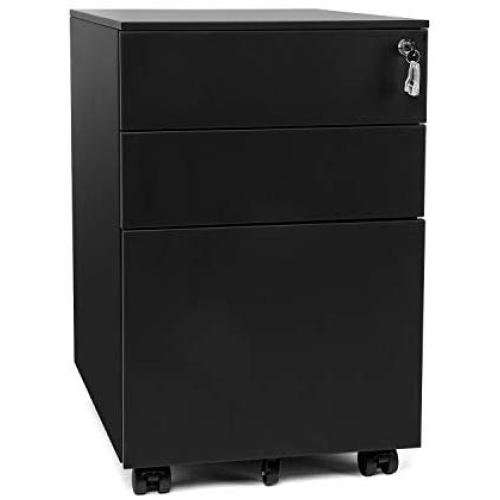 BAHOM Steel File Cabinet Organizer with 3 Drawers, Anti-collapsed Document Storage Boxes with Lockable Wheels, Fully Assembled - Black