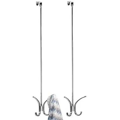mDesign Modern Metal Long, Easy Reach Over-The-Door 4 Prong Hanging Storage Organizer Hook to Hang Jackets, Coats, Robes, Clothing, Hats, Scarves, Purses, Leashes, Towels, 24" Tall, 2 Pack - Chrome