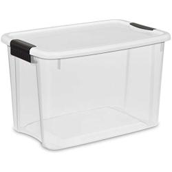 Sterilite 19859806, 30 Quart/28 Liter Ultra Latch Box, Clear with a White Lid and Black Latches, 6-Pack