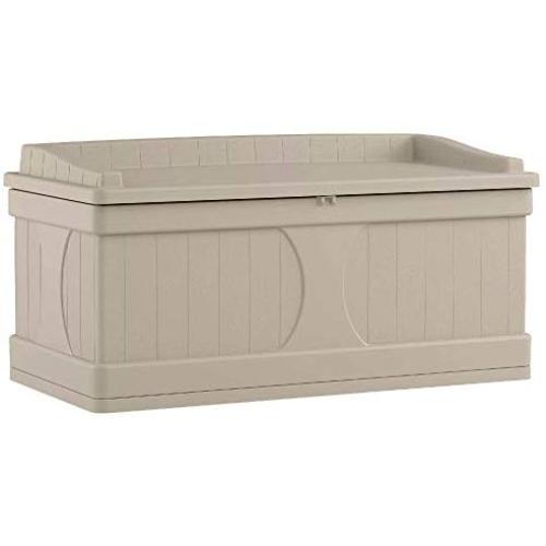 Suncast 99-Gallon Large Deck Boxes - Lightweight Resin Indoor/Outdoor Storage Container and Seat for Patio Cushions and Gardening Tools - Store Items on Patio, Garage, Yard - Taupe