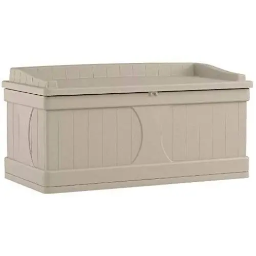 Suncast 99-Gallon Large Deck Boxes - Lightweight Resin Indoor/Outdoor Storage Container and Seat for Patio Cushions and Gardening Tools - Store Items on Patio, Garage, Yard - Taupe
