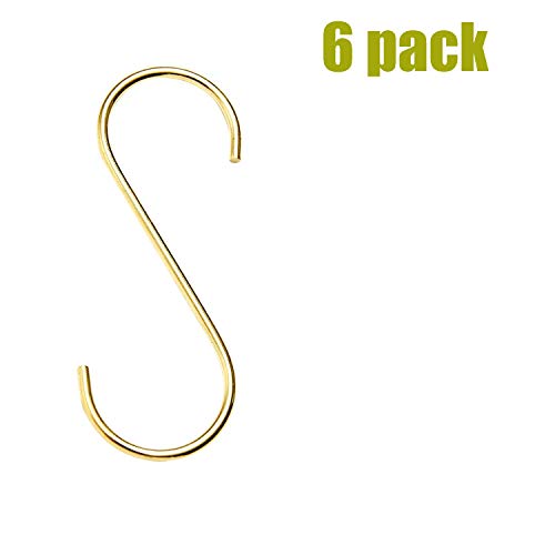 Fwaytech S Shaped Hooks Copper 6 PACK Gold Brass S Hooks Hanger for Jewelry,Pots Pans Rack,Coffee Mugs,Spoons Utensils,Clothes,Jeans,Cups,Bags,Bird Feeders and Plants (H-C6)