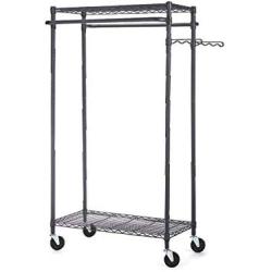 Type A Heavy-Duty Garment Rack | Portable Clothes Rack on Wheels and Shelves | Adjustable Double Hanging Rods | Metal, Black