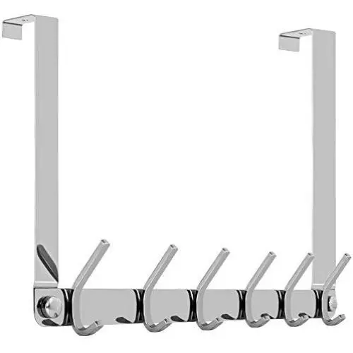 SKOLOO Over The Door Hook Rack, Stainless Steel Over Door Hook - 6 Coats Hooks, Back of Door Hook Over Door Hangers for Hanging Clothes, Coat, Towel, Robes, Purse, Silver