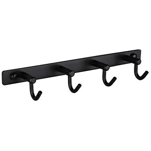 Mellewell Hook Rail Rack Wall Hanger with 4 Hooks Stainless Steel, Flat Black, 8012H4-B