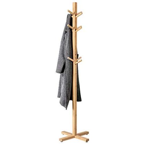 LANGRIA Coat Hook Bamboo Wooden Coat Rack and Hook Rack with 3 Tiers 12 Hooks and Solid Feet Hall Tree Coat Rack for Clothes Scarves and Hats, Bamboo Natural Color