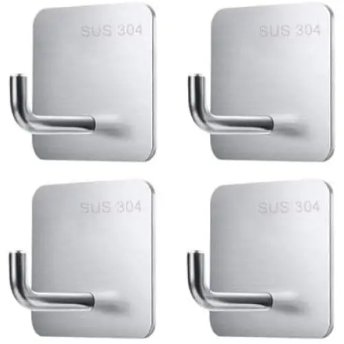 Wall Hooks Adhesive Heavy Duty Outdoor Command Hooks for Stocking Waterproof Stainless Steel Door Bathroom and Bedroom for Hanging Bags, Key, Coat, Hat, Towel Robe Hook Rack Hanger - 4 Packs