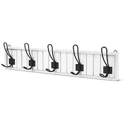 Flexzion Hook Rack Organizer Decorative Wall Mounted White Wood & 5 Black Metal Dual Coat Hooks Utility Entryway Rack for Coat, Scarf, Bag, Towel, Key, Cap, Cup, Hat Bathroom Towel Hanger Organizer
