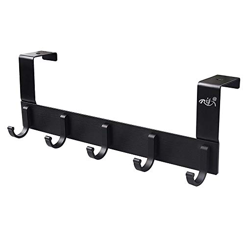 Over The Door Hook Organizer Rack,Rongyuxuan Aluminum Heavy Duty Door Hanger for Coats Robes Hats Clothes Towels,Bag - 5 Hooks Metal Storage Organizer Rack
