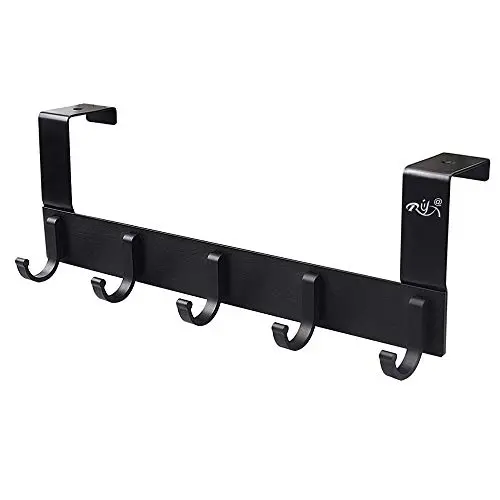 Over The Door Hook Organizer Rack,Rongyuxuan Aluminum Heavy Duty Door Hanger for Coats Robes Hats Clothes Towels,Bag - 5 Hooks Metal Storage Organizer Rack