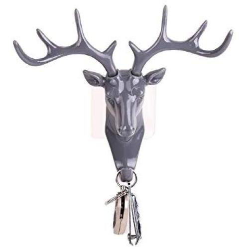 Vintage Deer Head Antlers Wall Hook (Max:10kg) for Hanging Hat Scarf Bag Key Clothes Bathroom Kitchen Towel Holder Hanger Rack Wall Wedding Gift (Gray)