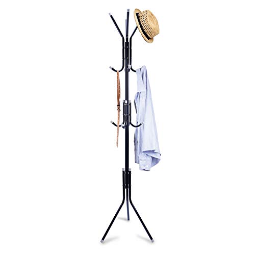 Clewiltess Standing Entryway Coat Rack Coat Tree Hat Hanger Holder 12 Hooks Jacket Umbrella Tree Stand Base Metal (Black)