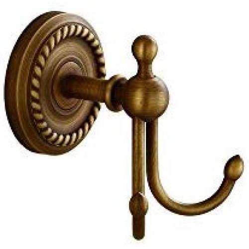 Kelelife Robe Hook Antique Brass Double Towel Hook, Wall Mounted Coat Clothes Hanger with Braiding Carvings for Wardrobe Bathroom Bedroom, Vintage Style