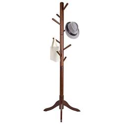 Vlush Free Standing Coat Rack, 8 Hooks Wooden Coat Hat Tree Coat Hanger Holder Enterway Hall Tree with Solid Rubber Wood Base for Coat, Hat, Clothes, Scarves, Handbags, Umbrella-Coffee