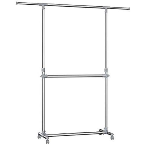 SONGMICS Double Rod Clothes Rack, Adjustable Garment Clothing Rack, Hanging Rail on Wheels, Gray ULLR401