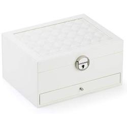 RR ROUND RICH DESIGN Jewelry Boxes - 2 Level Multifunctional Large Jewelry Organizer Storage Case with Top Mirror Drawer and Metal Lock - White