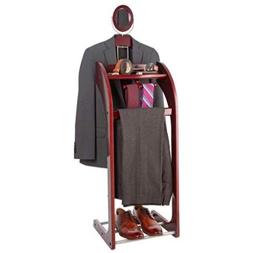 StorageMaid Clothes Valet Stand with Mirror ? Beautiful Solid Mahogany Hardwood Wardrobe Stand for Clothes with Trouser Bar, Jacket Hanger, Tray Organizer, Tie & Belt Hook and Shoe Rack