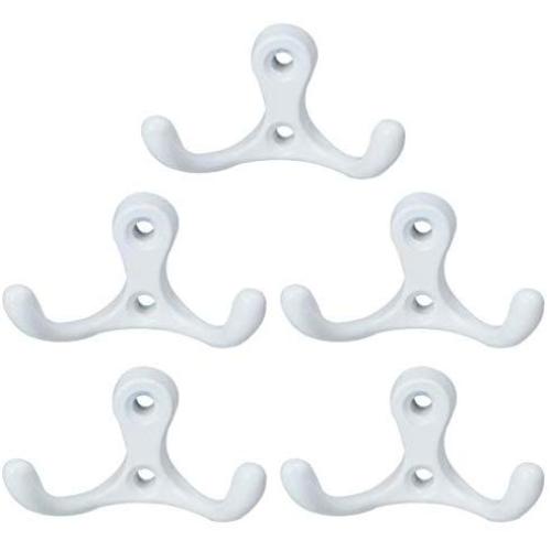 uxcell 5pcs Dual Wall Hooks Zinc Alloy Wall Mounted Scarf Coat Double Prong Robe Hooks Clothes Hanger Holder w Screws, White