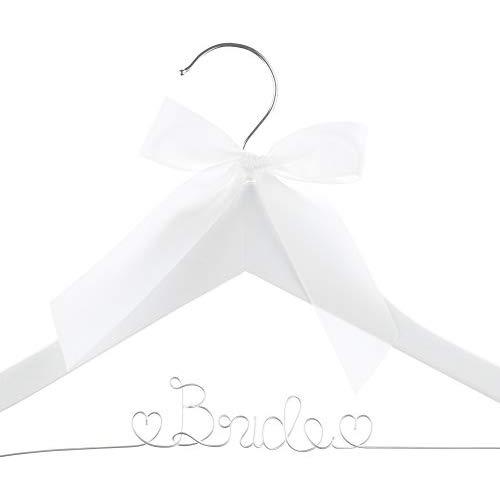 Ella Celebration Bride to Be Wedding Dress Hanger Wooden and Wire Bridal Hangers for Brides (White with Silver Wire)