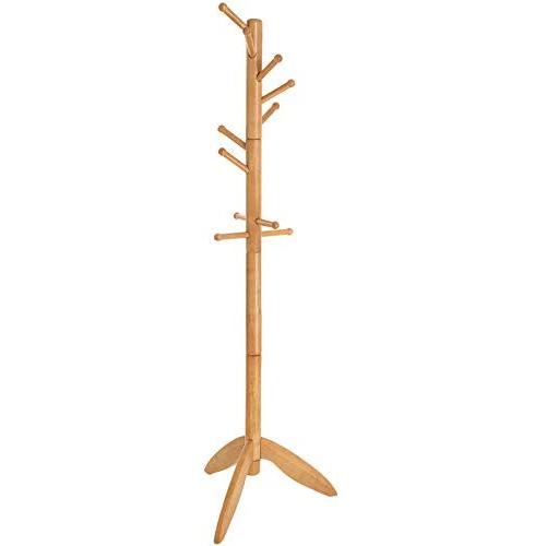 VASAGLE Coat Rack Stand with 11 Rounded Hooks, Wooden Hall Tree Enterway Coat Hanger Holder Free Standing for Clothes, Hats, Purses, Golden Oak URCR02BR
