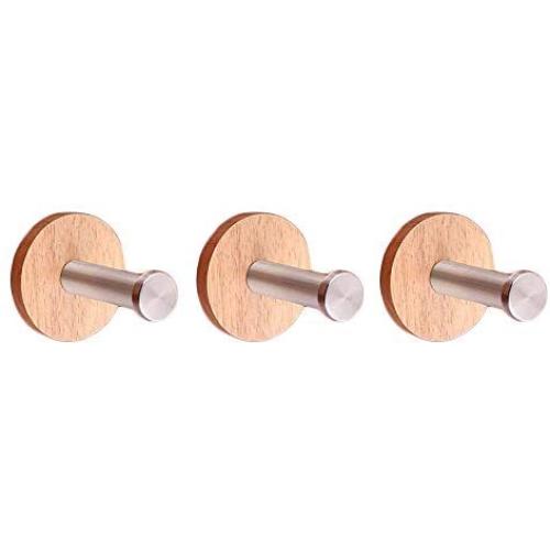 Wood Wall Mounted Clothes Hanger Single Robe Hat Towel Hooks Rack with Stainless Steel Hook 3" for Kitchen Bath Bedroom - 3 Pack