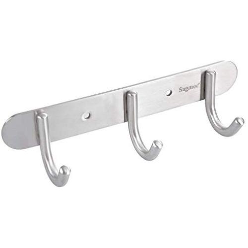 Towel Hook Rack Brushed Nickel - Sagmoc 8-Inch Coat Hook Rail Wall Mounted with 3 Hooks, Durable Clothes Hangers for Bedroom, Bathroom, Foyer, Hallway (304 Stainless Steel)